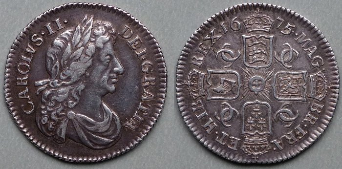 Charles II, 1675/4 sixpence Charles II, 1675/4 sixpence